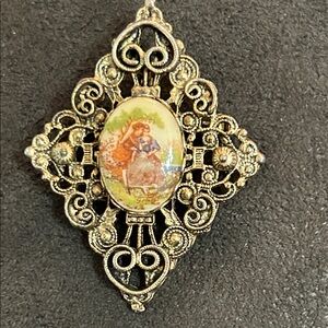 Vintage Gold Filigree Brooch with Painted Center